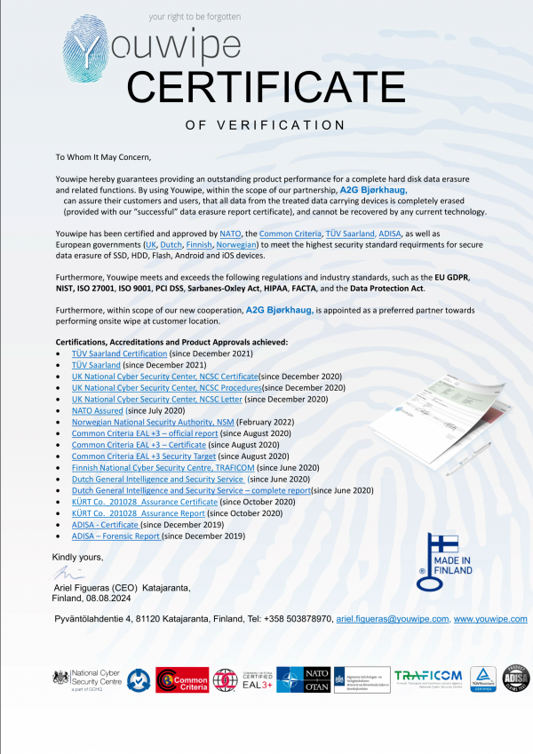 A2G Bjørkhaug_240808_Certificate of verification (